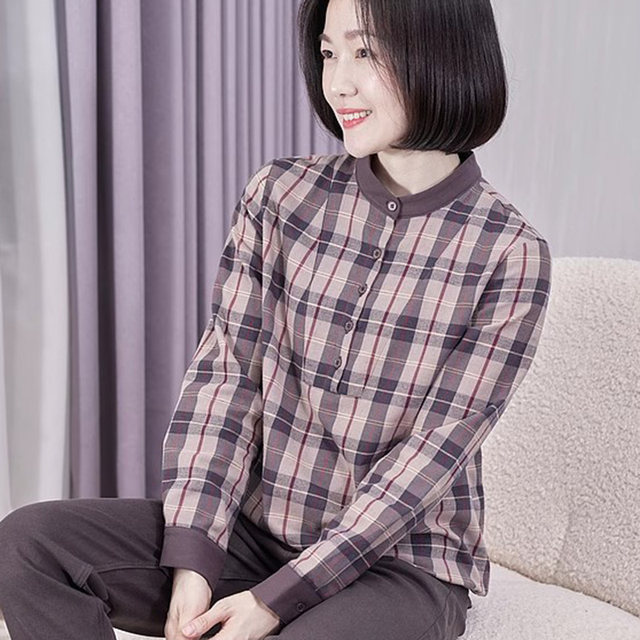 New high-end pure cotton plaid shirt for women with stand collar for fall