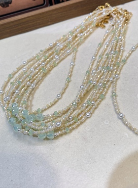 鹅黄色玉料项链绿色系珍珠项链