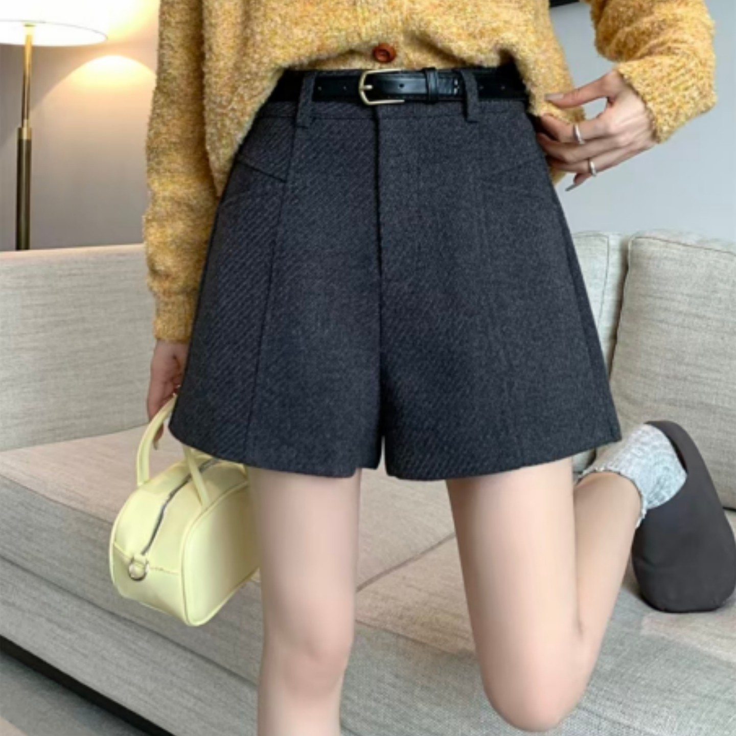 大码灰色毛呢短裤女2025秋冬新款胖mm高腰显瘦外穿宽松阔腿五分裤,淘宝优惠券,粉丝福利购,淘宝优惠卷