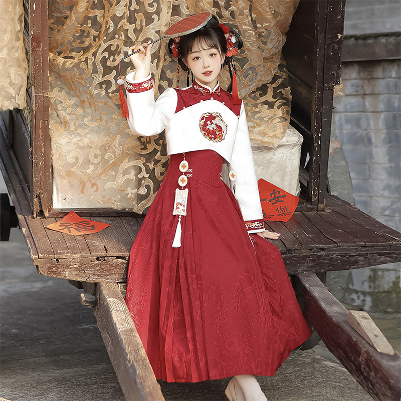 连衣裙女秋冬中国风汉元素过年少女小个子新中式拜年红色新年战袍