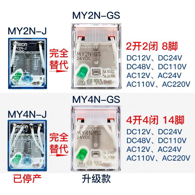 欧姆龙继电器中间24v220v交流MY2/4n-gs小型omron8/14脚直流dc/AC