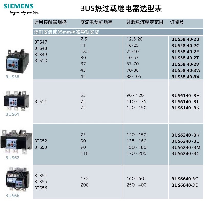 西门子热过载继电器3US5040 5540 5640电动机过载热保护器 3UA50 - 图2