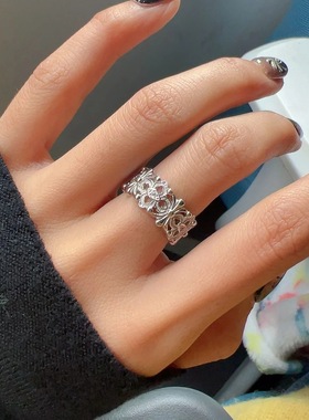 爆款S925纯银中古风镂空鸢尾花戒指轻奢小众复古时尚个性潮女指环