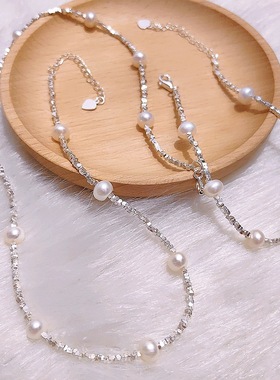 S925纯银碎银子女淡水珍珠项链