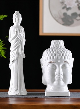 侘寂风做旧陶瓷佛头玄关软装饰品