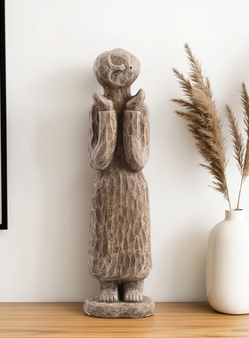 粗犷侘寂风水泥黑猫动物雕塑摆件