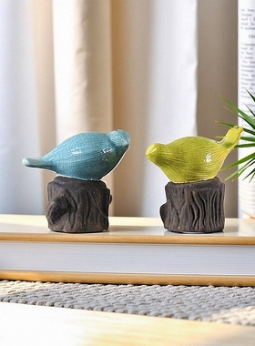 抽中古侘寂风抽象小鸟树桩摆件