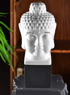 侘寂风创意陶瓷黑底座佛头摆件