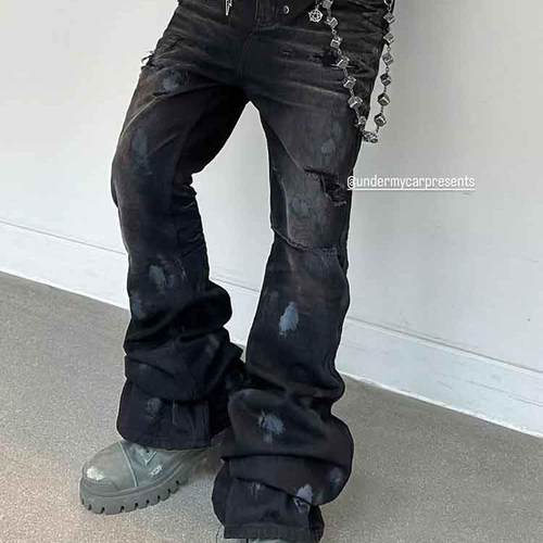 Undermycar 24FW FLARE 泥浆脏染破坏破洞宽微喇显腿长重磅牛仔裤 - 图2