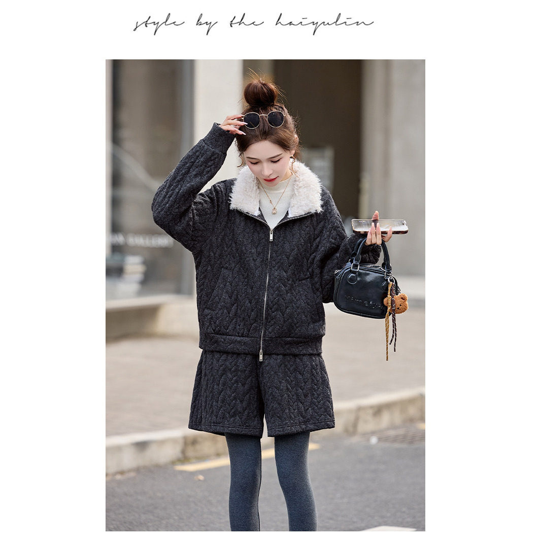 爆款韩式羊羔毛拼接短款套装女冬季保暖两件套时尚百搭毛呢套装女,淘宝优惠券,粉丝福利购,淘宝优惠卷