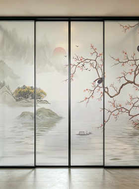 中式玻璃贴纸花鸟静电磨砂浴室推拉玻璃门透光不透明阳台装饰贴膜