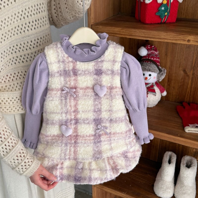 韩系女童冬装淡紫温柔拜年礼裙新款儿童加绒格子公主爱心软萌套装,淘宝优惠券,粉丝福利购,淘宝优惠卷