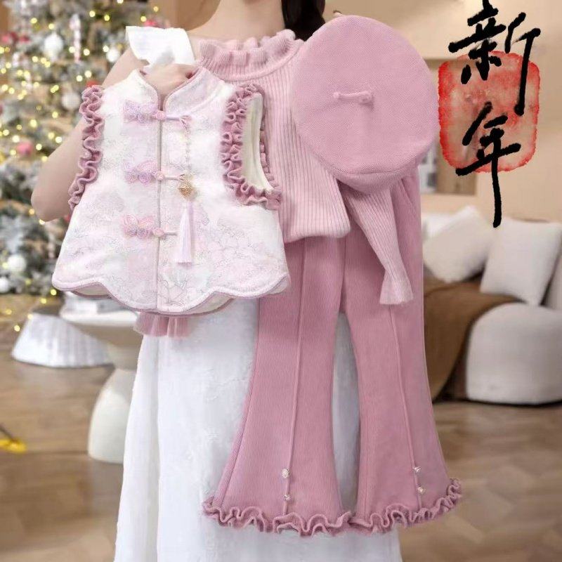 新中式风女童冬季刺绣马甲打底衫长裤三件套装时髦国风女宝宝,淘宝优惠券,粉丝福利购,淘宝优惠卷