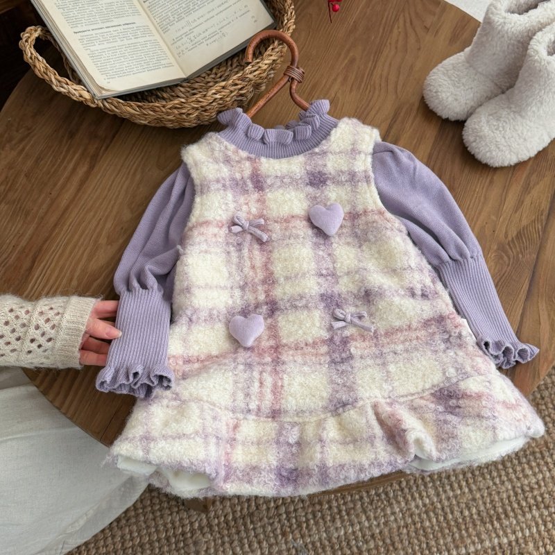 韩系女童冬装淡紫温柔拜年礼裙新款儿童加绒格子公主爱心软萌套装,淘宝优惠券,粉丝福利购,淘宝优惠卷