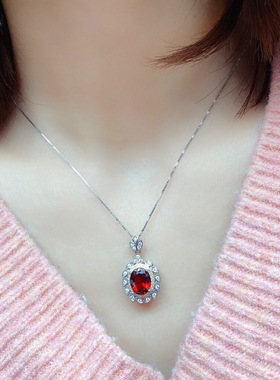 欧美高端珠宝简约甜美椭圆形仿真红宝石硞石镶满钻分色镀金项链女