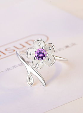 大学生甜美樱花戒指韩版简约气质硞石镶钻花朵戒指礼物开口可调节