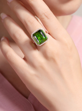 欧美女士高端气质珠宝大公主方型仿真祖母绿碧玺镶钻镀玫瑰金戒指