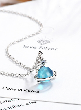 韩版少女蔚蓝色星球吊坠镀白金项链学生甜美小清新锁骨链珠宝礼物