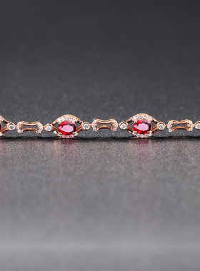 欧美女生低奢红水晶仿红碧玺手链镶满钻红宝石镀玫瑰金甜美手链