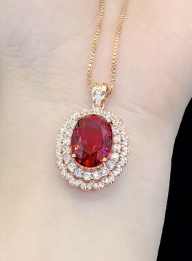 女友结婚珠宝仿真红宝石碧玺椭圆形硞石镶钻吊坠玫瑰金色甜美项链