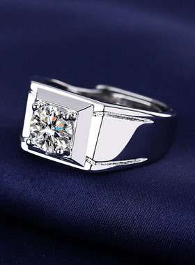 韩版经典大气男款几何硞石镶嵌戒指1克拉S925电镀纯银超酷婚指