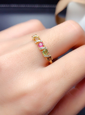 少女学生简约甜美小清新仿真七彩碧玺硞石镶满钻彩虹色镀黄金戒指