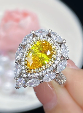 欧美高端珠宝金黄锆石分色仿真黄水晶硞石镶钻水滴形镀白金戒指女