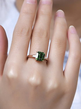 女士高端气质珠宝几何方形仿真祖母绿碧玺镀18K玫瑰金简约戒指