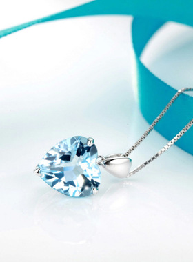 欧美女士甜美气质淡蓝水晶海洋之心吊坠镀白金项链珠宝生日礼物