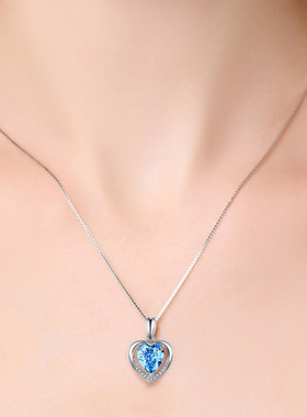 少女简约甜美爱心硞石镶钻项坠永恒之心仿真蓝色粉色紫色水晶吊坠