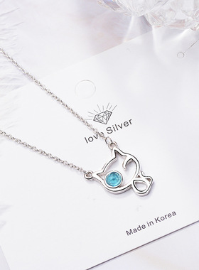 蓝色人造水晶猫咪项链韩版少女学生小清新百搭小众锁骨链生日礼物