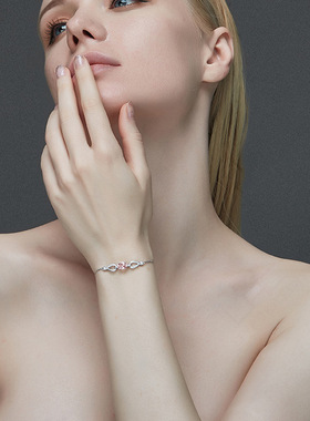 欧美高端珠宝少女简约甜美仿真粉碧玺镀18K白金色粉锆石镶钻手链