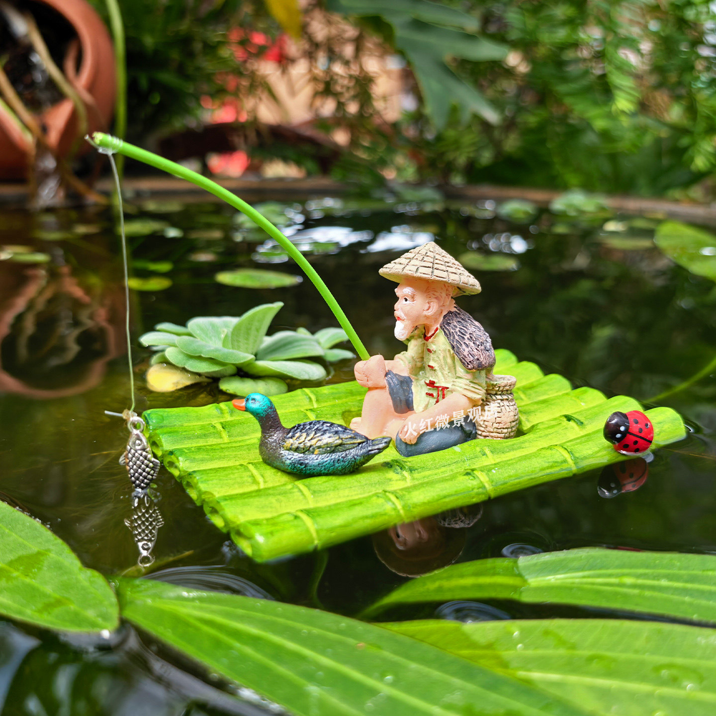 可漂浮竹排竹筏姜太公钓鱼翁摆件庭院水缸鱼池造景鱼缸悬浮喂食器,淘宝优惠券,粉丝福利购,淘宝优惠卷