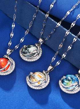 轻奢高级感星空蓝色镶嵌水晶创意地球吊坠土星跨境项链女锁骨链