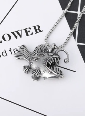 新款不锈钢灯笼鱼吊坠项链欧美复古个性挂坠男士钛钢项坠饰品