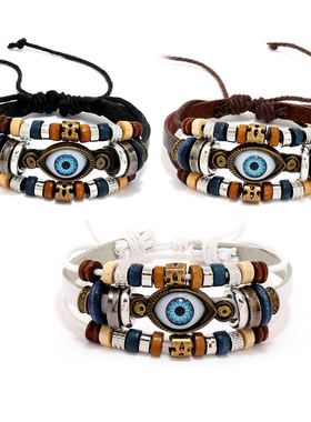 新款复古潮流手工编织眼睛皮手链 欧美 跨境多层民族风皮饰品手绳