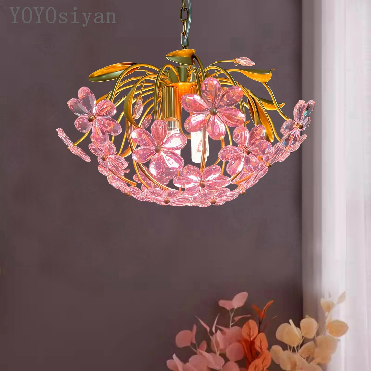 YOYO 轻奢法式全铜南瓜粉色水晶花吊灯 客厅餐厅卧室女儿房衣帽间,淘宝优惠券,粉丝福利购,淘宝优惠卷