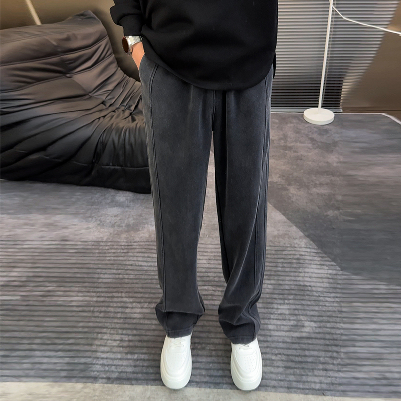 水洗灰休闲裤男春秋慵懒风松弛感宽松垂感阔腿裤直筒运动卫裤男士 - 图0