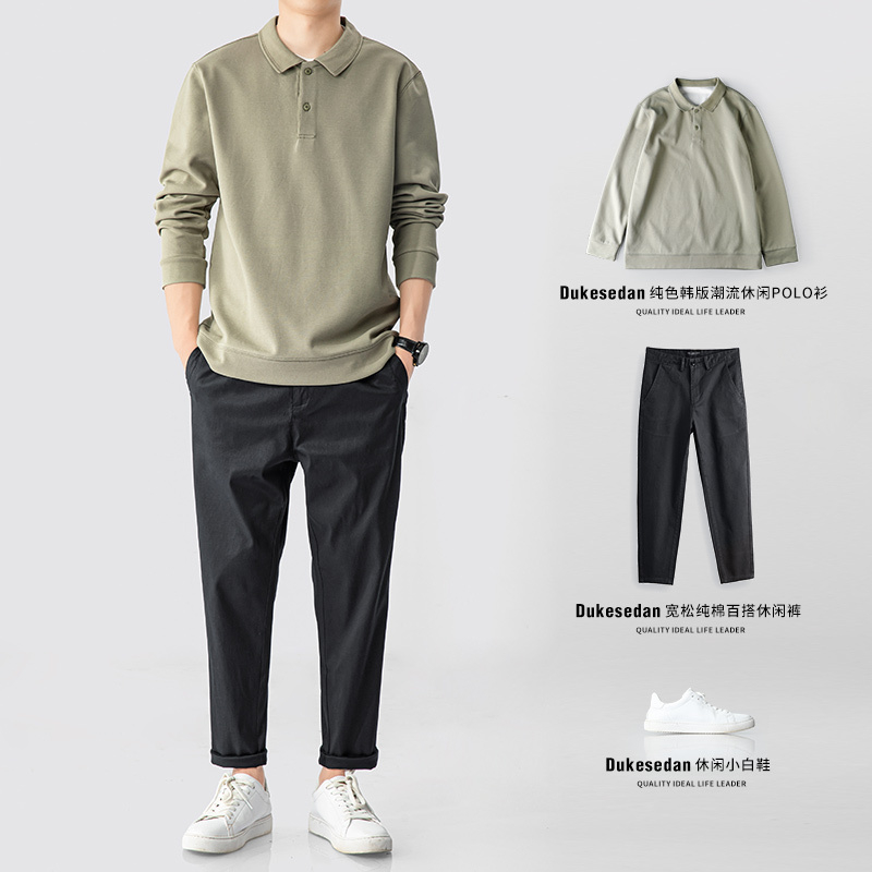 翻领POLO衫男夏季宽松套头潮牌男上衣春夏款纯色长袖打底衫T恤男 - 图0