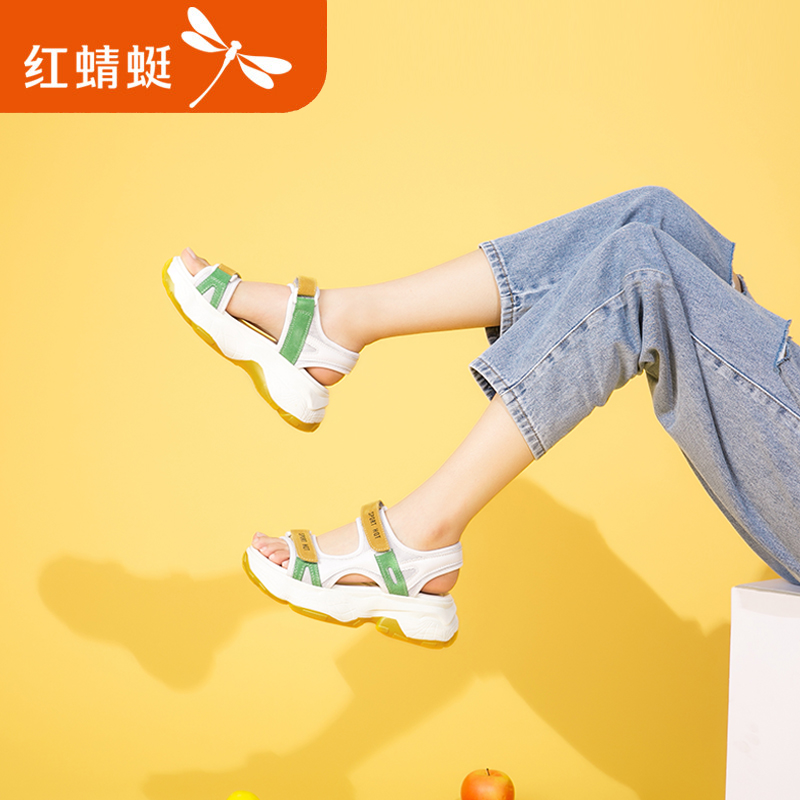 红蜻蜓女鞋官方旗舰店红蜻蜓年夏季新款厚底增高运动凉鞋女百搭ins魔术贴沙滩鞋女1