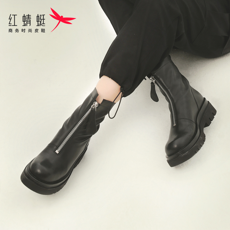 红蜻蜓女鞋官方旗舰店红蜻蜓女鞋切西尔短靴英伦风时尚ins潮流厚底bv烟筒靴子女1