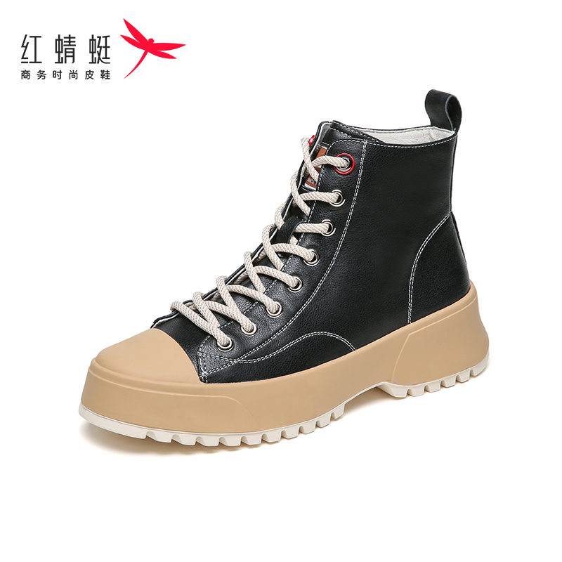 红蜻蜓女鞋官方旗舰店红蜻蜓女鞋秋季新款真皮英伦短靴女八孔马丁靴运动机车靴子0