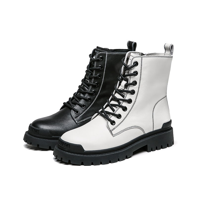 红蜻蜓女鞋官方旗舰店红蜻蜓女鞋秋季新款休闲英伦学院风短毛绒白色马丁靴机车靴女3