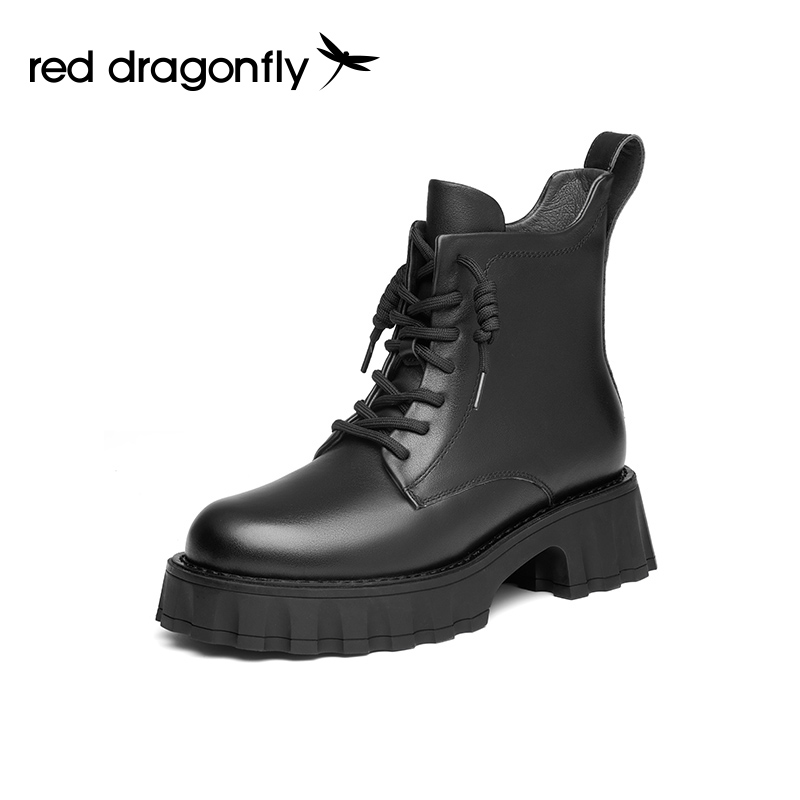 红蜻蜓女鞋官方旗舰店红蜻蜓马丁靴女冬新款甜酷风圆头加绒机车靴齿轮短靴女WTC41500V0