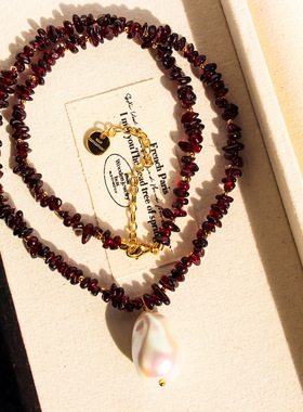 原创小众设计天然紫牙乌石榴石串珠项链巴洛克珍珠吊坠挂坠毛衣链