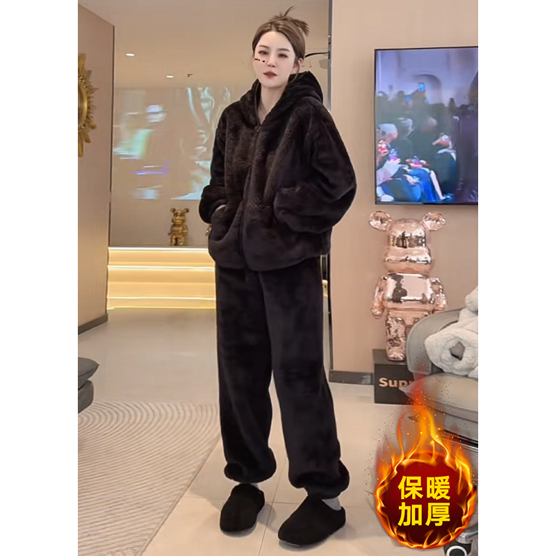欧货连帽双面北极绒保暖加厚家居服套装女慵懒时尚睡衣两件套外穿 - 图2