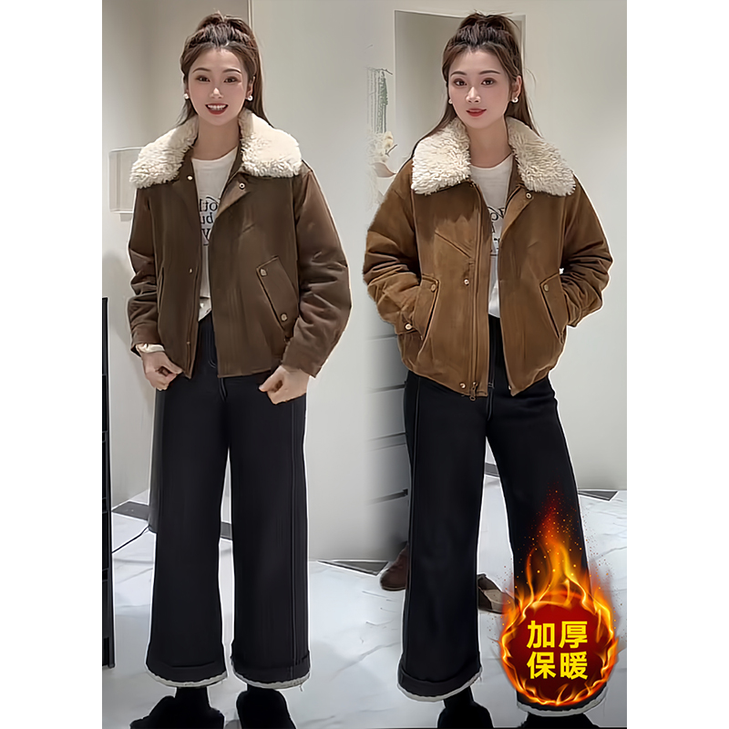 冬季保暖加厚羊羔毛翻领麂皮绒棉服外套女复古时尚夹棉短款派克服 - 图1