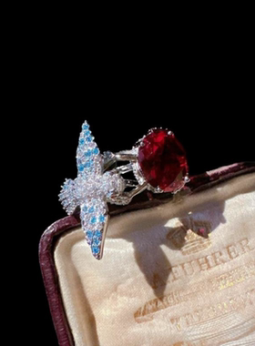 雾色妖姬蛋形宝石小鸟戒指 星河璀璨 镀18K金 石榴红锆石小鸟戒指