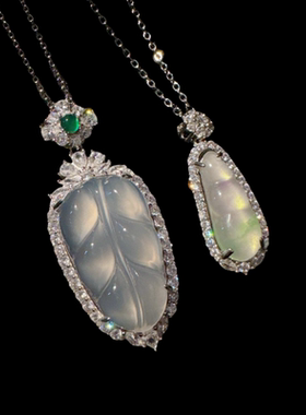 新中式马料白玉髓树叶项链 水灵水灵 糯冰种水沫玉四季豆项链