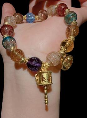 古法金箔琉璃半糖度母手链新中式粉瓷极光奢华手串水晶手饰百搭